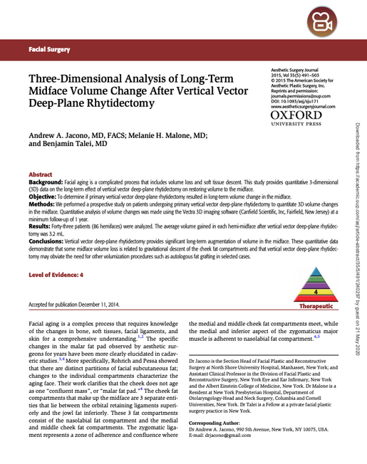 3 D Analysis of Long Term Midface volume cahnge after vertical vector deep plane rhytidectomy