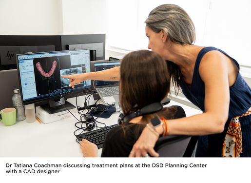 Dr Tatiana Coachman discussing treatment plans at the DSD Planning Center with a CAD designer