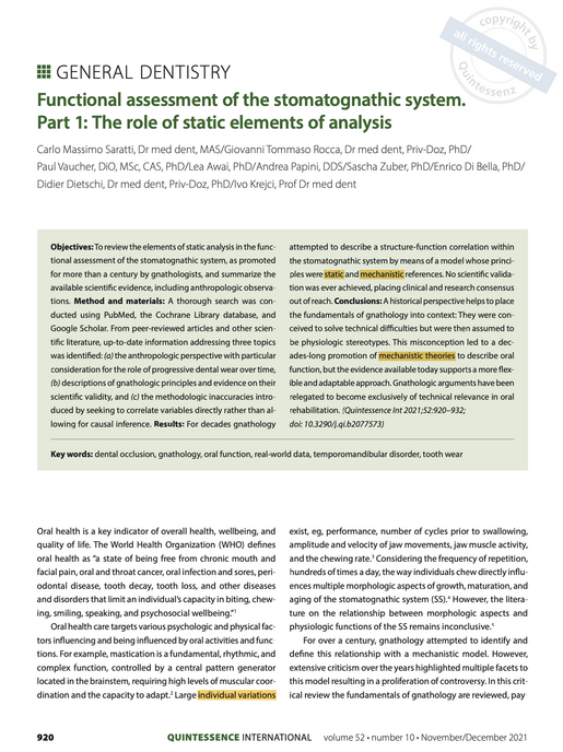 Functional assessment of the stomatognathic system