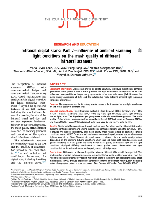Intraoral digital scans part 2 influence of ambient scanning light conditions on the mesh quality of different intraoral scanners