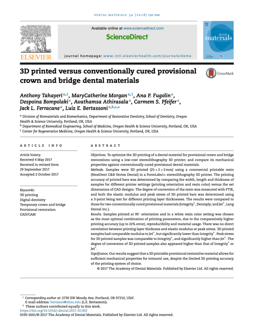 3 D printed versus conventionally cured provisional crown and bridge dental materialss