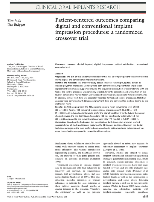 Patient centered outcomes comparing digital and conventional implant impression procedures