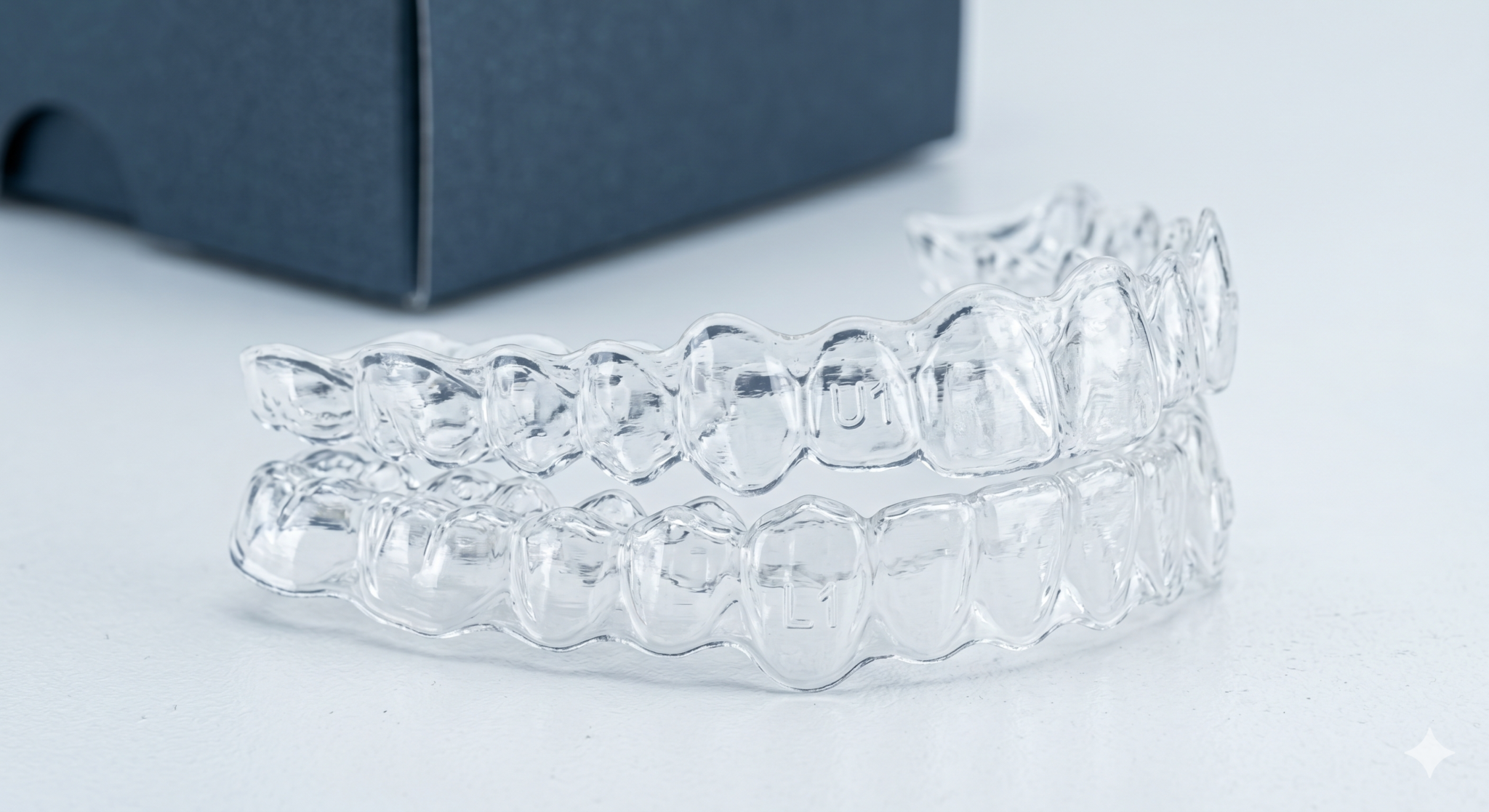 Two DSD Aligners (upper and lower arch) resting on a white surface, with a navy DSD product box in soft-focus background.