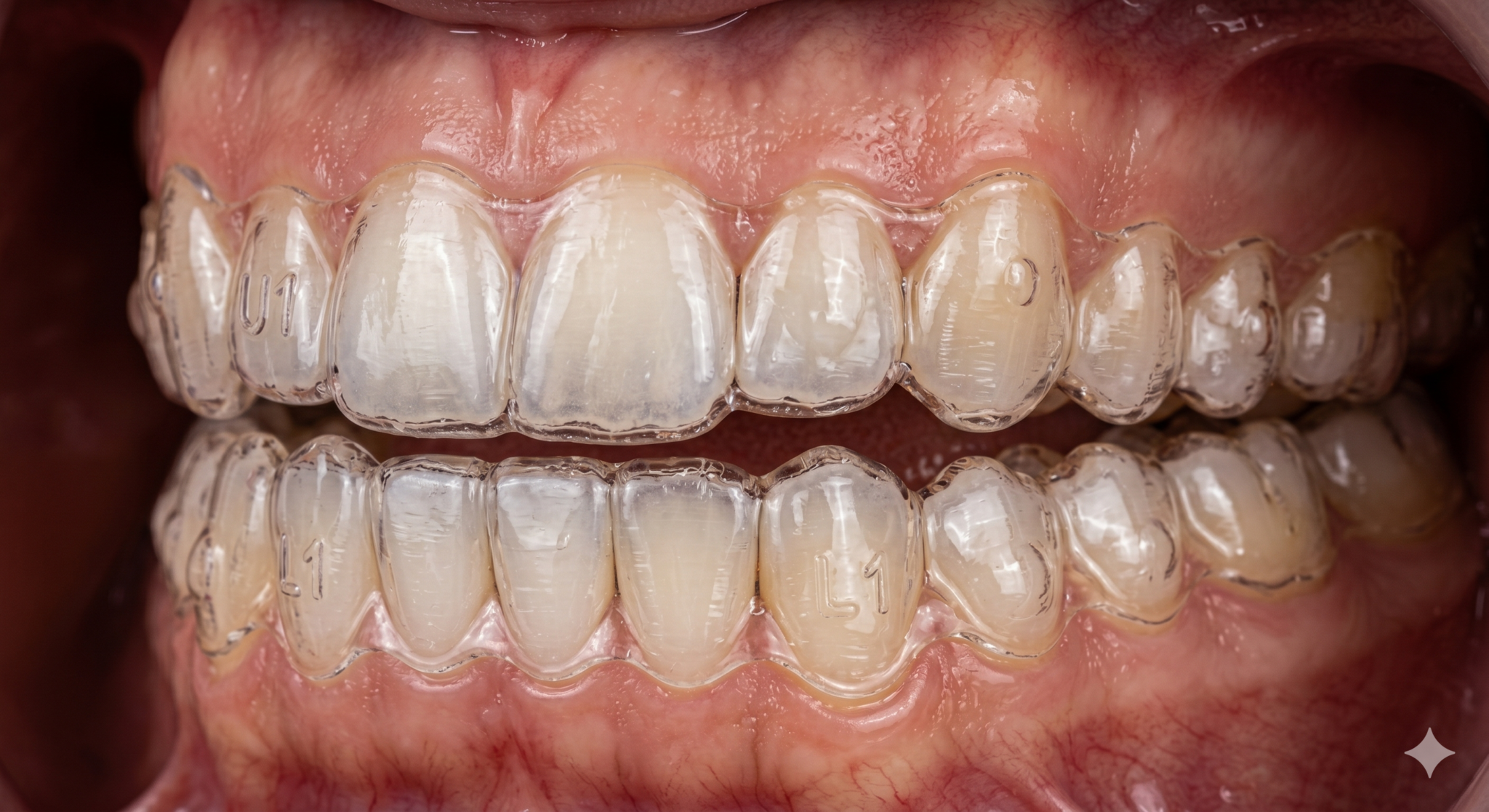 Intraoral macro of upper-arch aligners seated on teeth, with no composite attachments visible on any tooth surface.