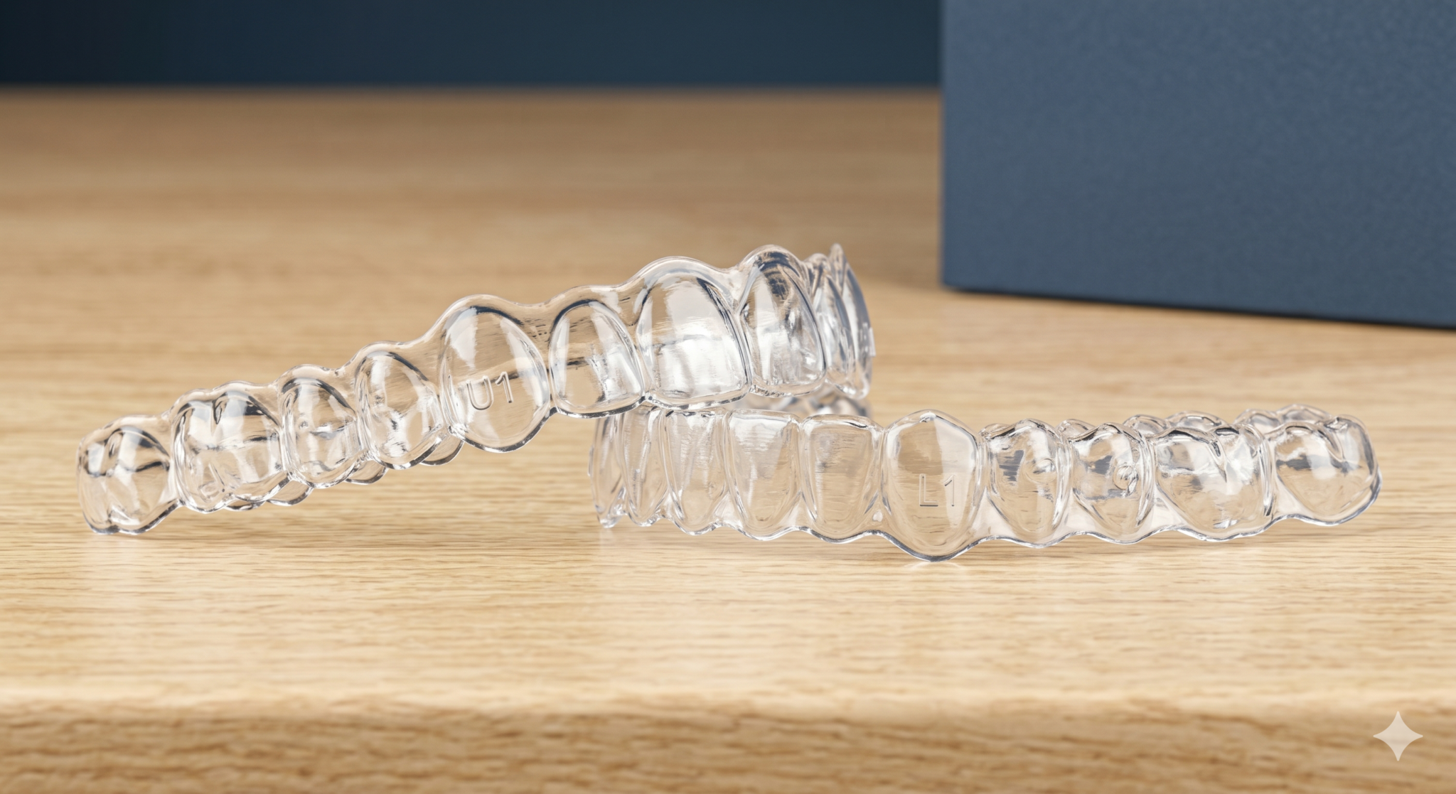 Two DSD Aligners resting on a warm wood surface, with a navy DSD product box softly out of focus in the background.