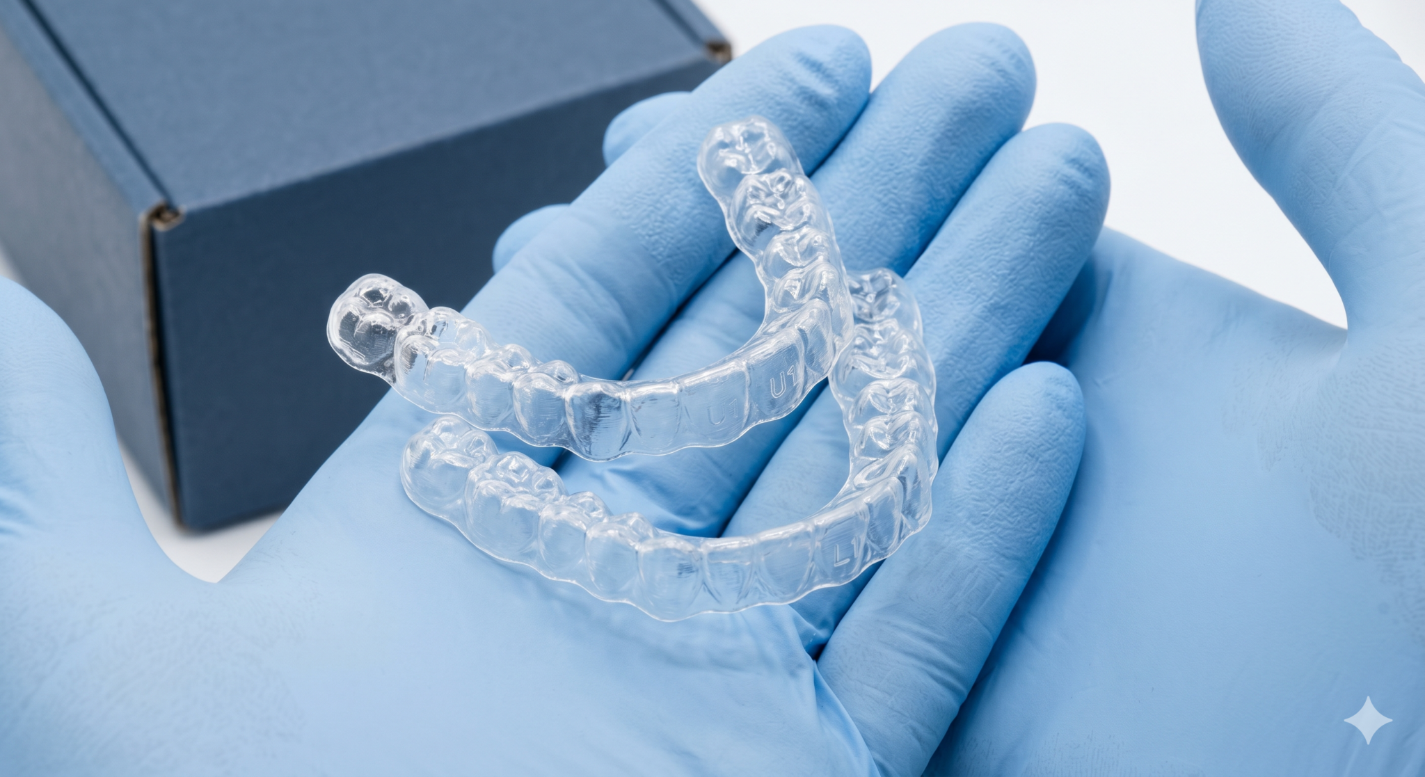 Gloved clinician hands holding a pair of DSD Aligners, with the navy DSD product box visible in the frame.